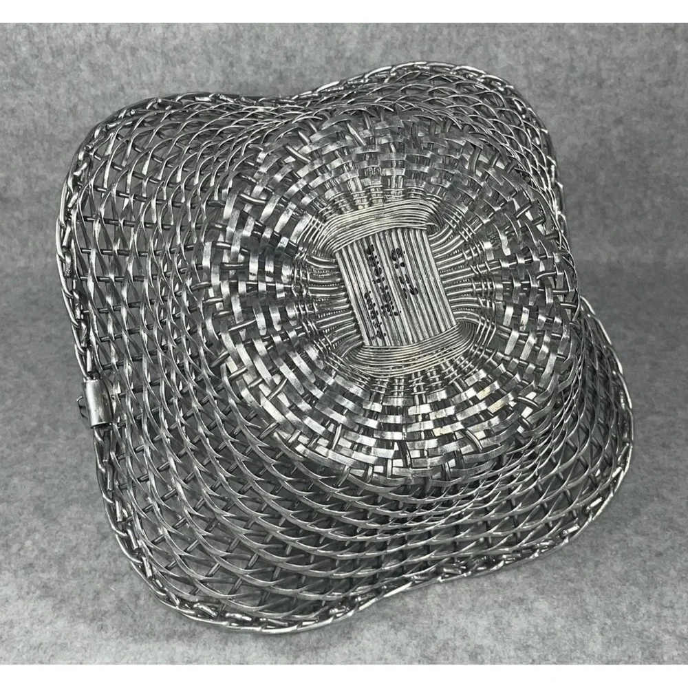 VTG‎ Silver Tone Metal Woven Wire Basket With Fold Down Handle Decor Centerpiece